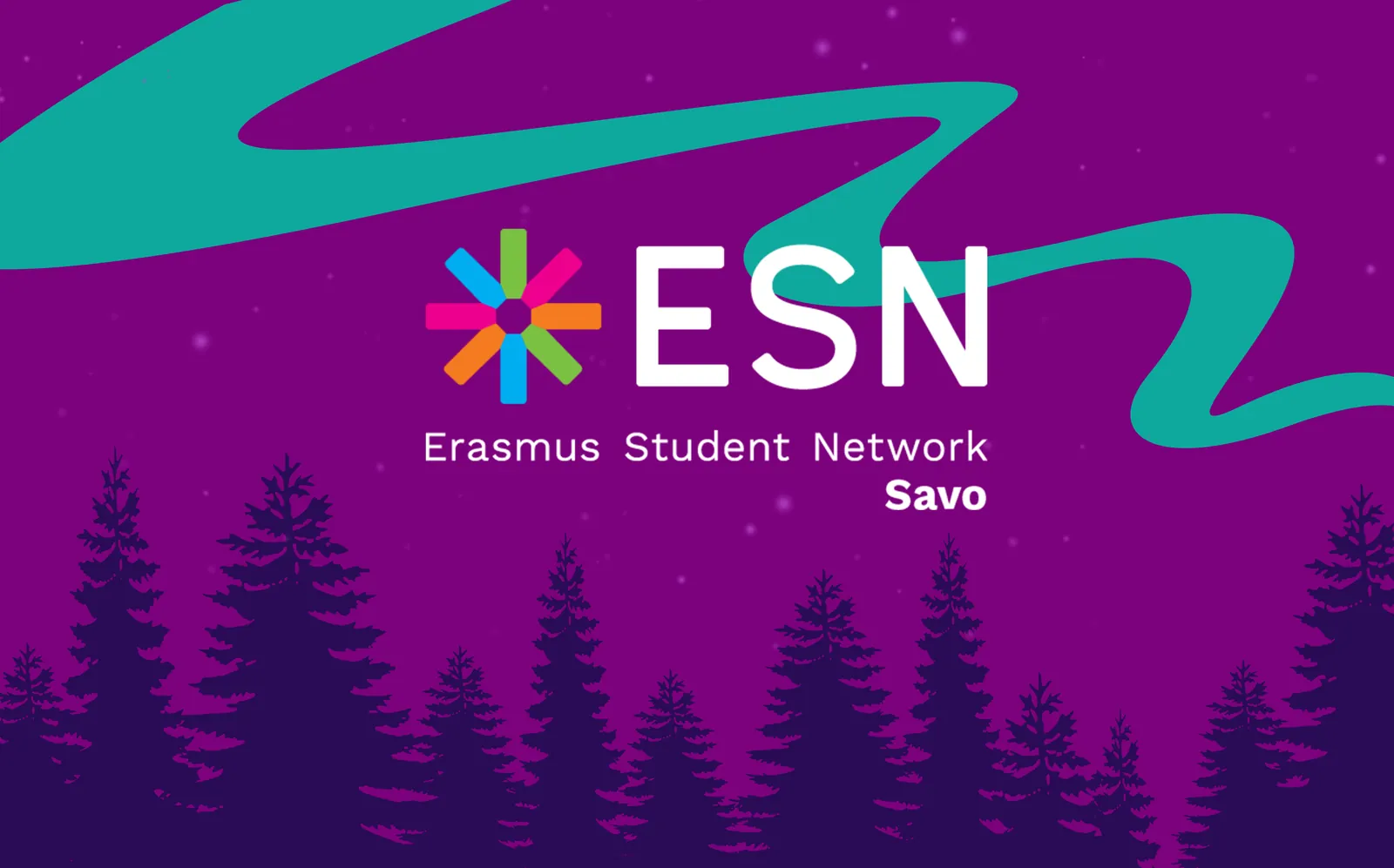 Illustration of a purple forest and lake under a teal aurora, with the ESN Savo mark