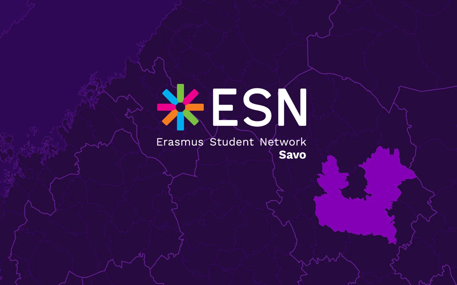 Illustrated map of the Savo region of Finland in purple, with the ESN Savo mark